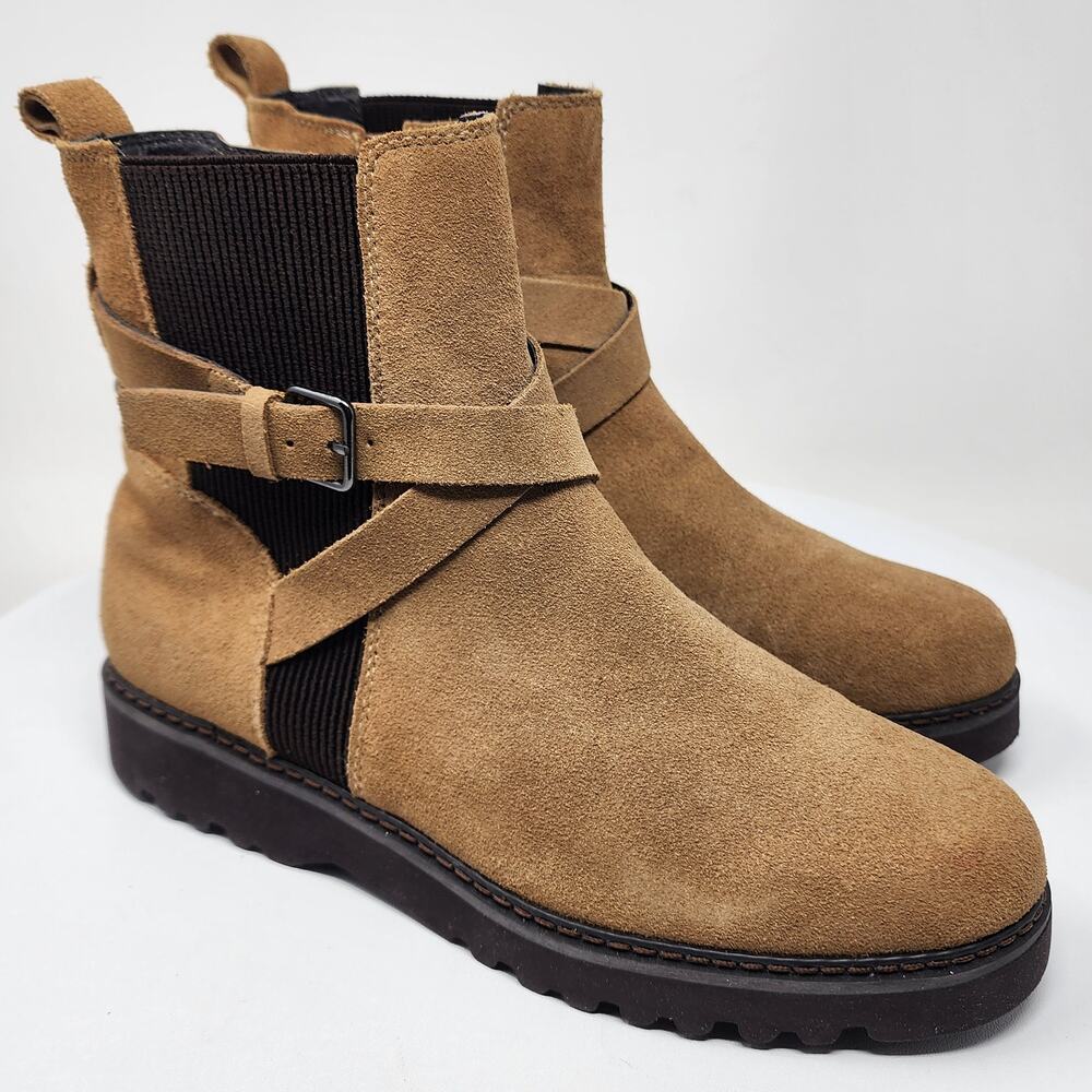 Donald J. Pliner Captain Chelsea Boots Women 8M Tan Suede Brown Panel Side Zip